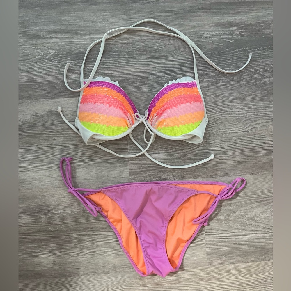 Victoria’s Secret fabulous rainbow sequin 34B & small purple knockout bikini